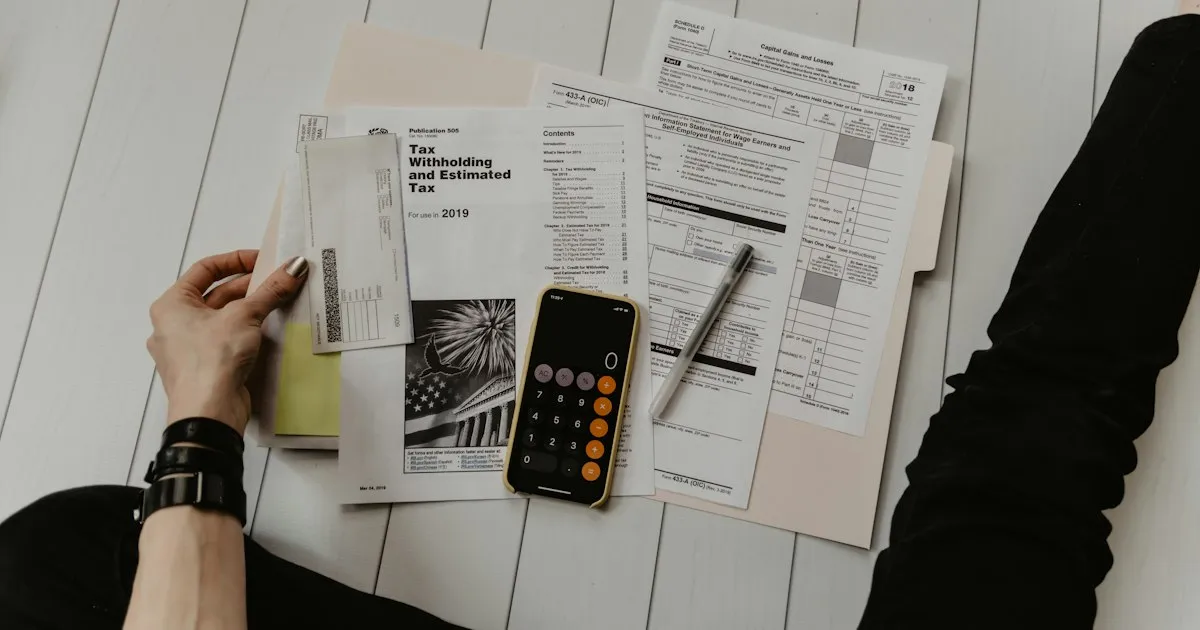 Printed forms, a phone calculator and a pen spread out on a white floor