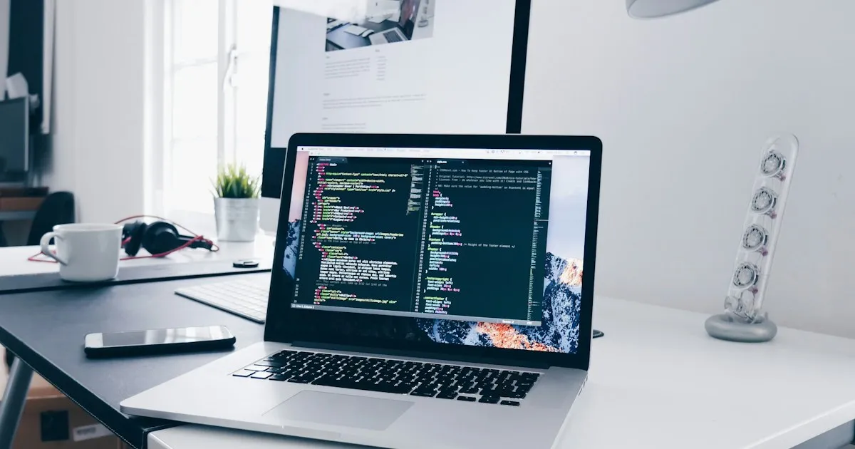 A laptop showing code on a desk in front of a second monitor