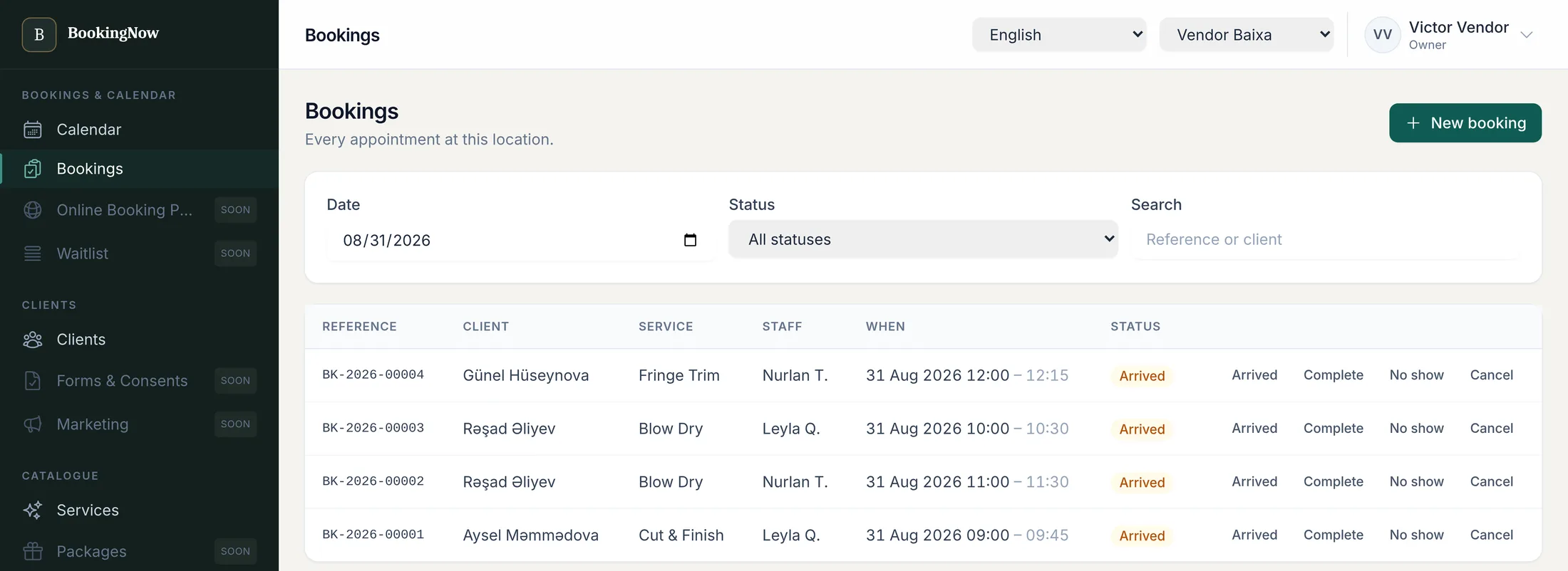 Booking list showing reference, client, service, staff member, time and status for each appointment, with filters for date and status above.