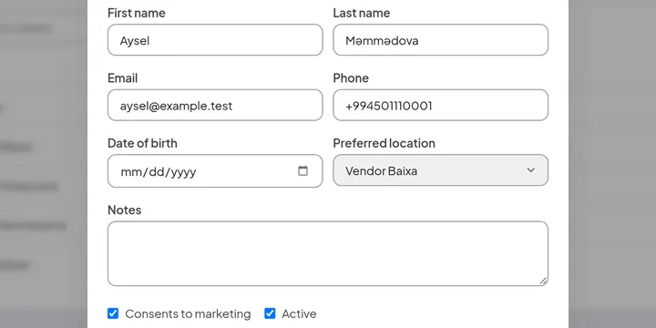 Edit-client form: name, email, phone, preferred location, notes and the marketing-consent tick on a single record.