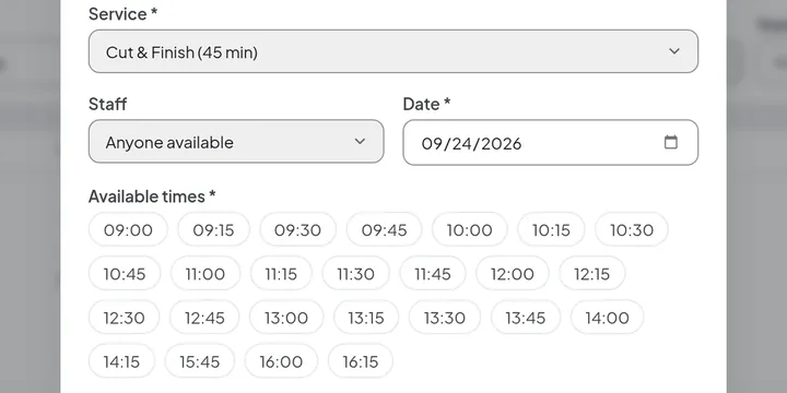 New-booking form: Cut & Finish chosen for tomorrow with anyone available, and the grid of times still free to book.