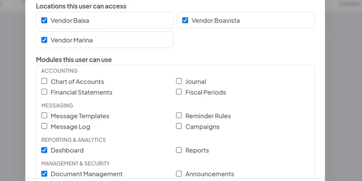 Edit-user form: all three branches ticked, and a module list where only Dashboard and Document Management are granted.