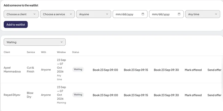 Waitlist: two clients waiting for a service within a date window, each with the free times they can be booked into.