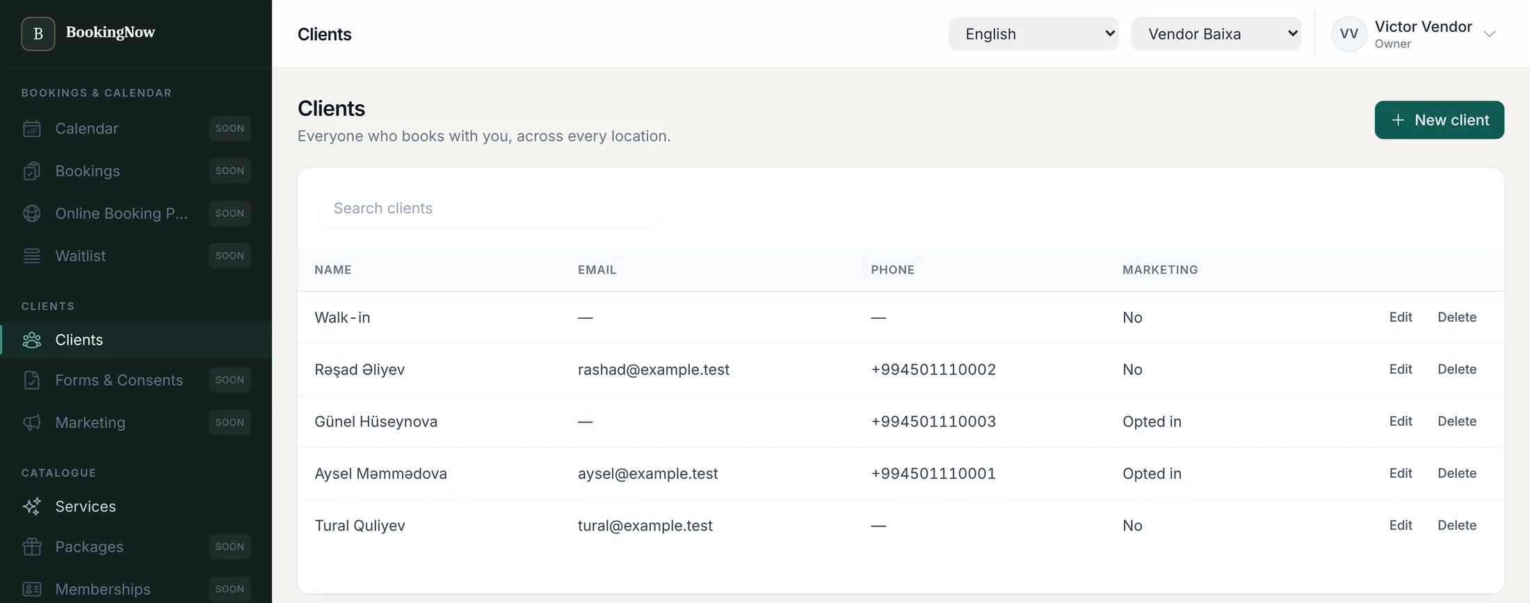 Client list showing name, email, phone and marketing consent status, with edit and delete actions on each row.