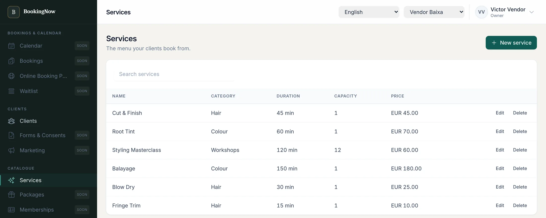 Service catalogue listing each service with its category, duration, buffer, capacity and price.