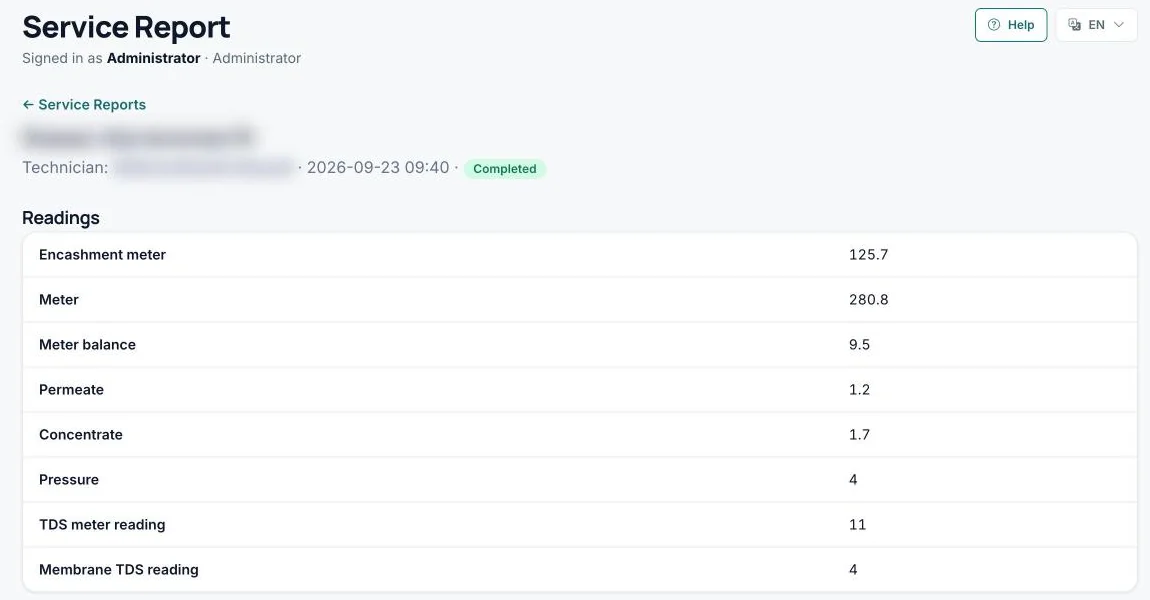 A completed service report with the machine's readings