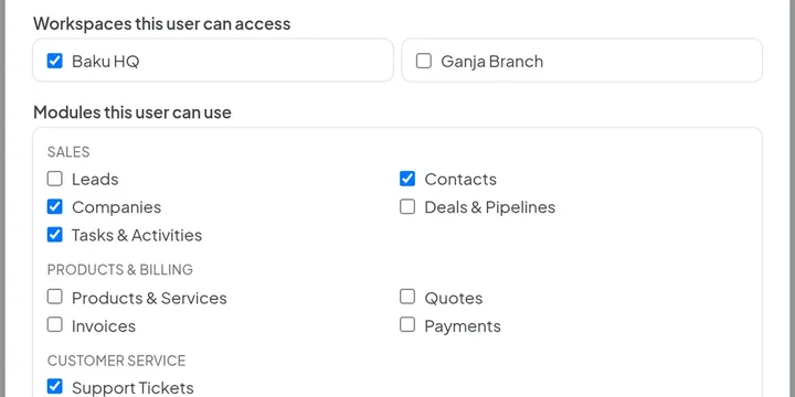 Edit-user form with checkboxes for which workspaces this person can access and which modules they can use.