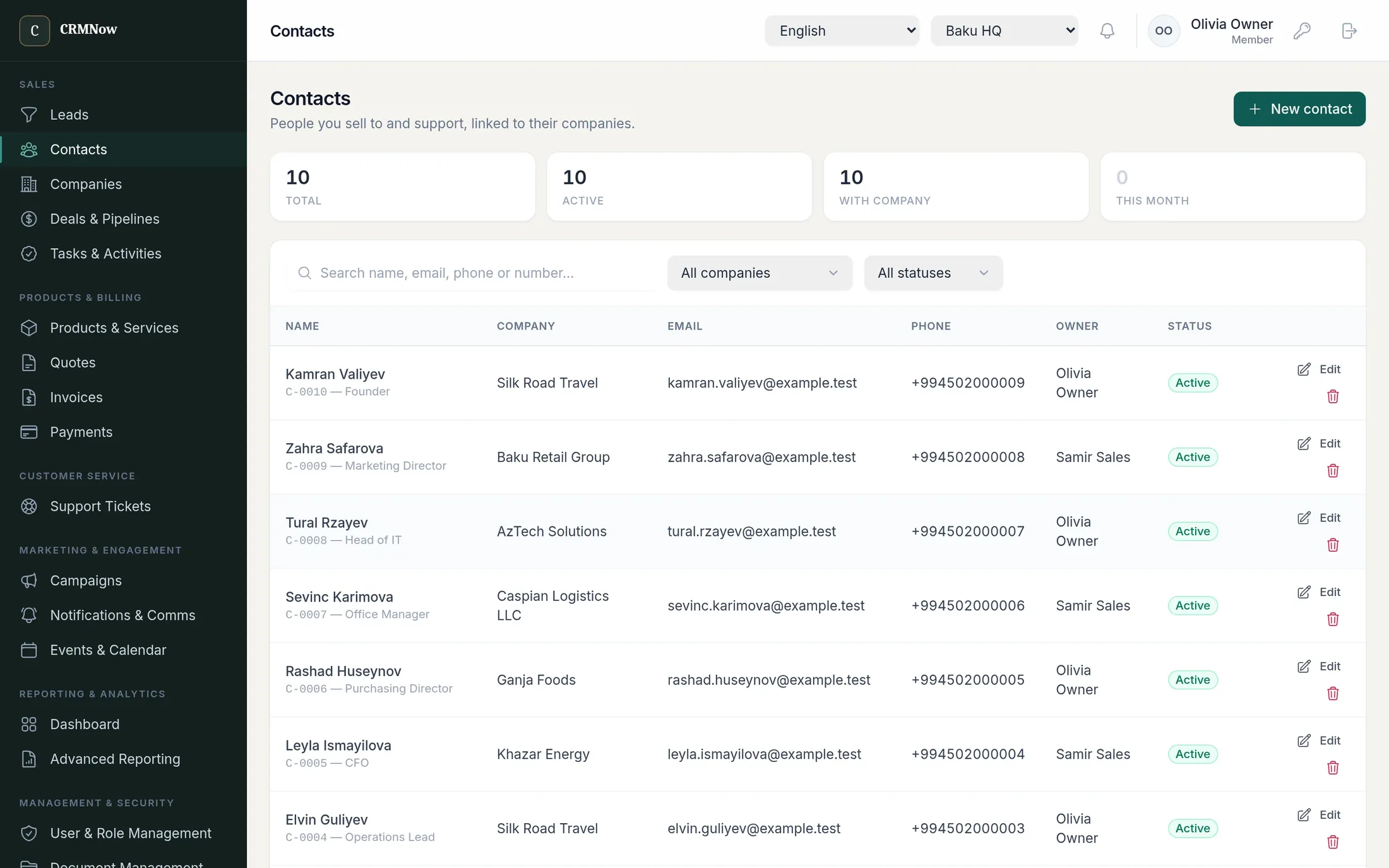 Contact list with each person's role, company, email, phone and the sales owner responsible for them.