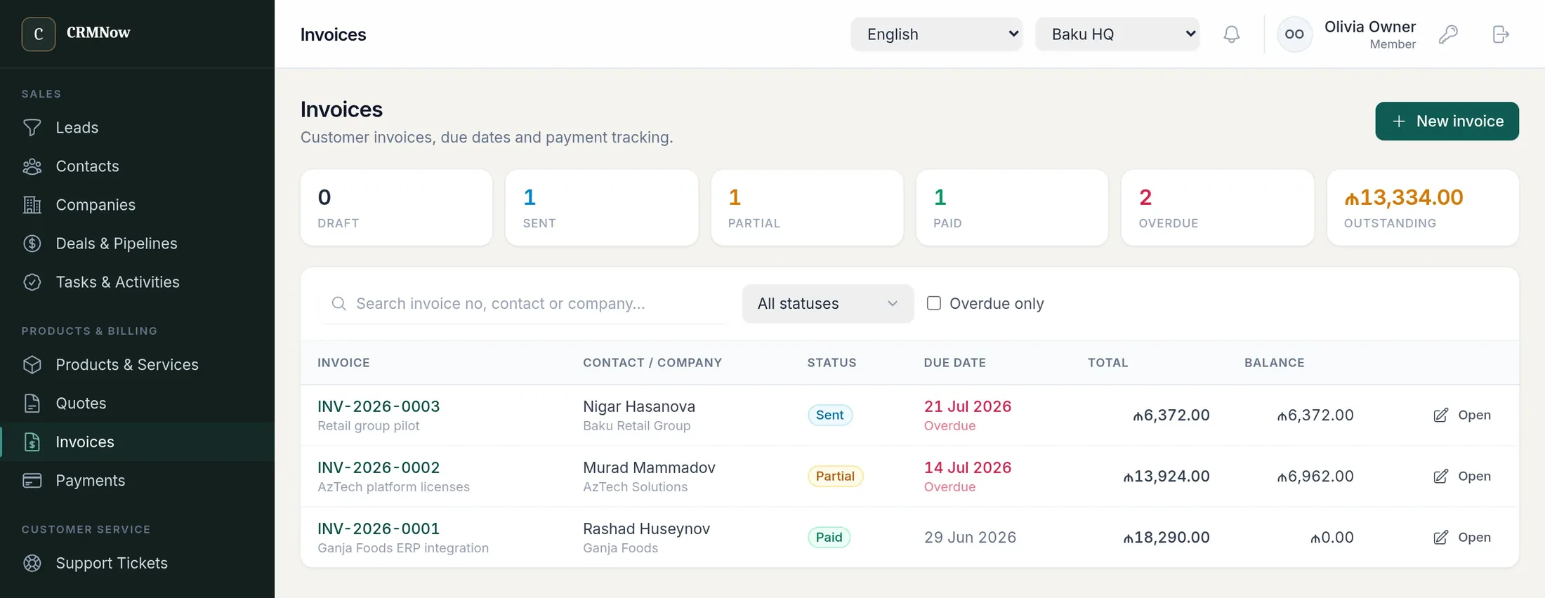 Invoice list with status tiles for draft, sent, partial, paid and overdue above rows showing due date, total and outstanding balance.