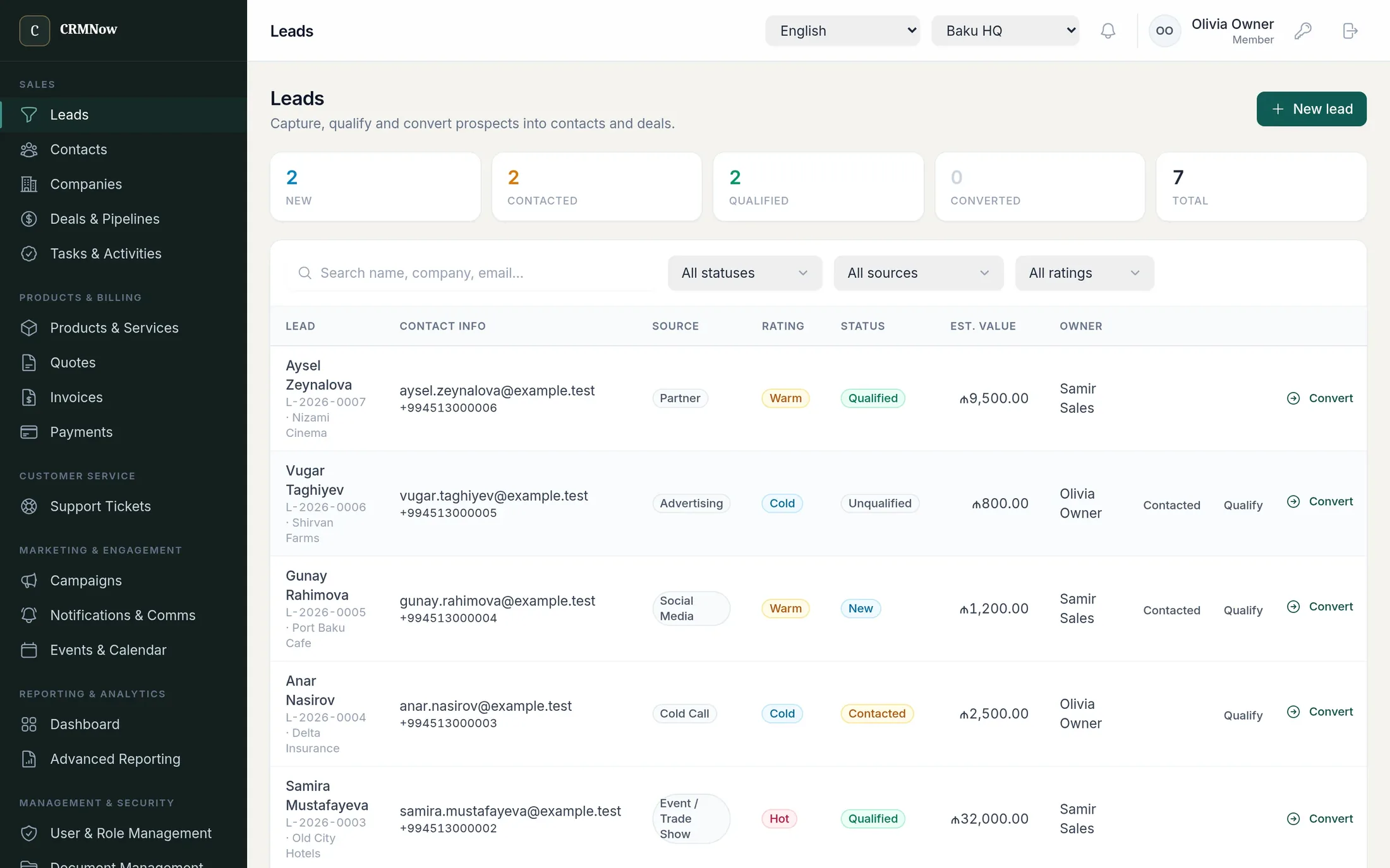 Lead list showing source, warm/cold rating, status, estimated value and owner, with a convert action on each row.