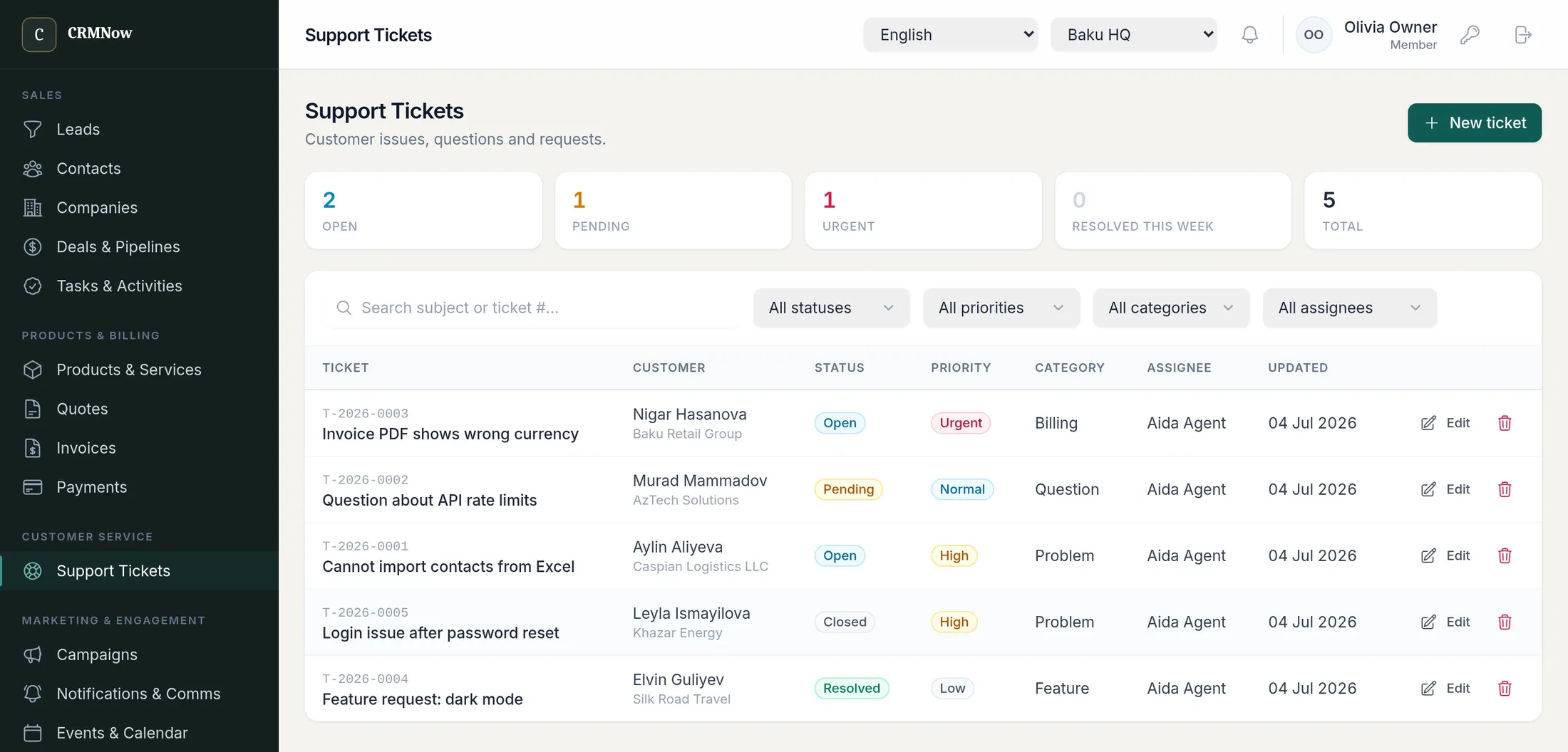 Support ticket list showing subject, customer, status, priority, category and assignee.