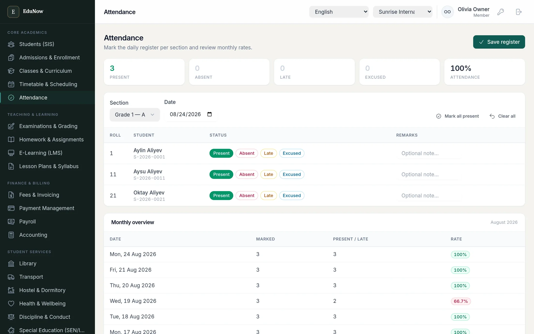 Daily attendance register for a section with present, absent, late and excused options per student, above a monthly overview listing each date's attendance rate.