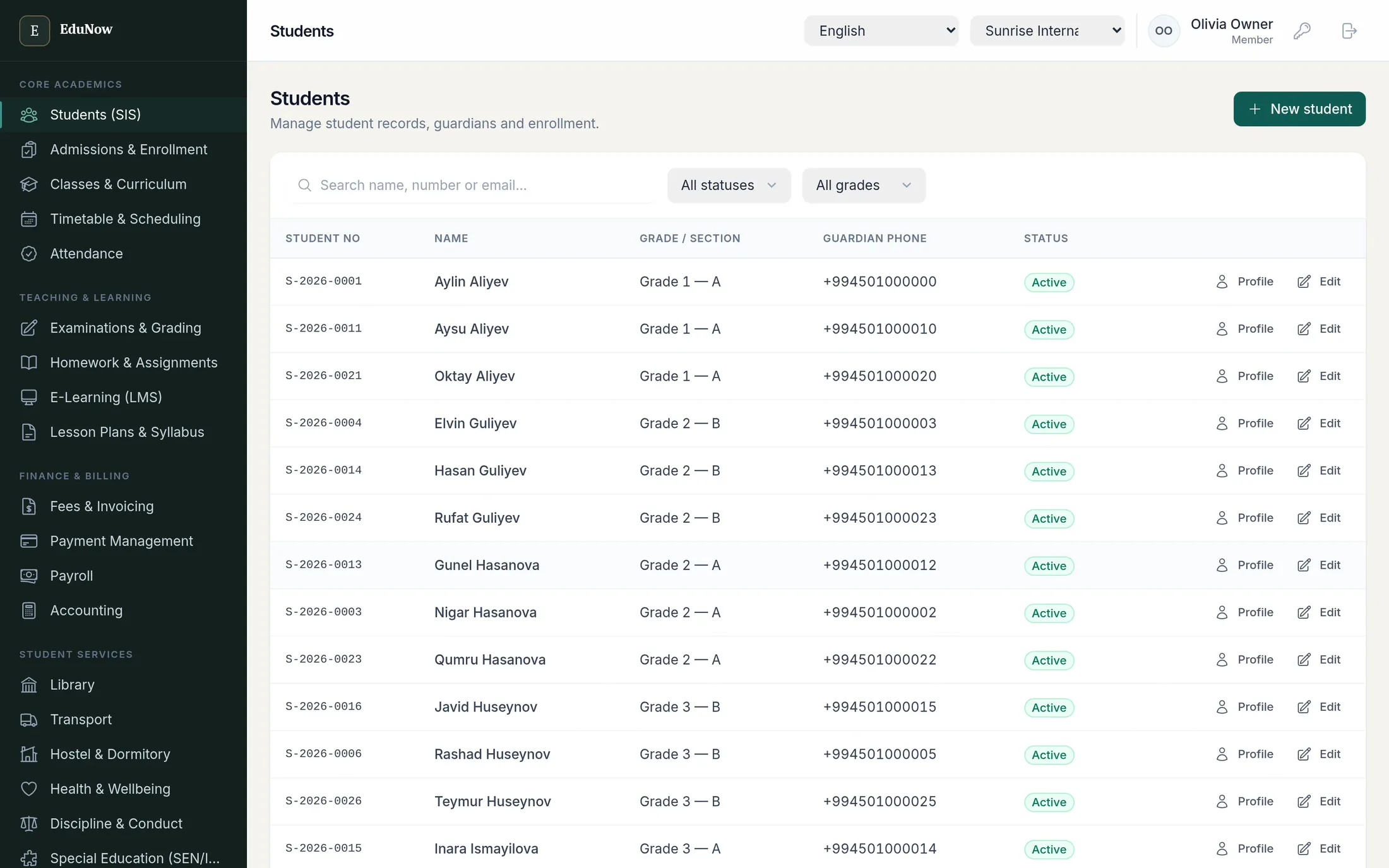 Student list showing student number, name, grade and section, guardian phone and active status.