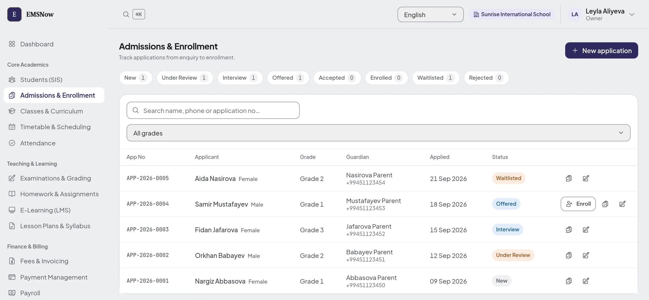 Admissions pipeline with counts per stage above a list of applications showing applicant, grade, guardian, date applied and status.