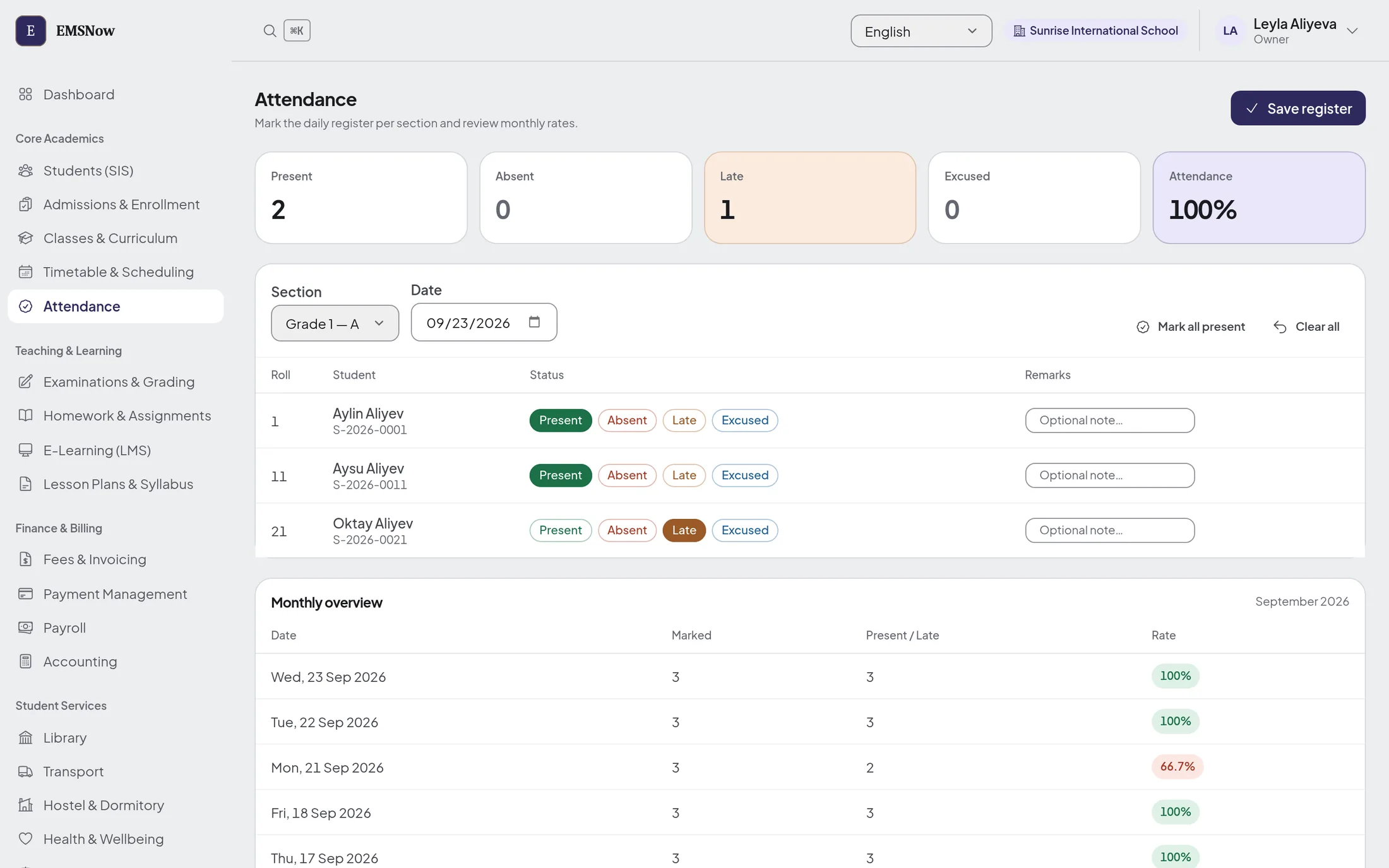 Daily attendance register for a section with present, absent, late and excused options per student, above a monthly overview listing each date's attendance rate.