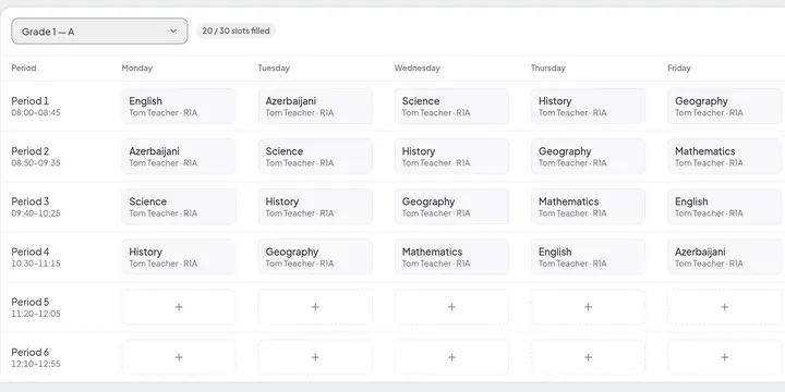 Weekly timetable for Grade 1 — A: periods down the side, Monday to Friday across, each lesson with its subject, teacher and room.