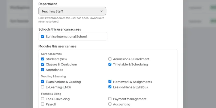 Edit-user form for a teacher: department, the school they can access, and module checkboxes with teaching modules ticked and finance left off.