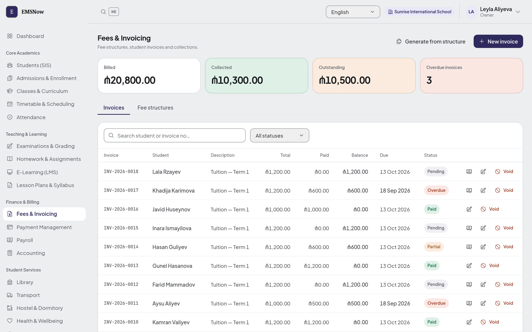 Fees screen with billed, collected, outstanding and overdue tiles above student invoices showing total, paid, balance, due date and status.