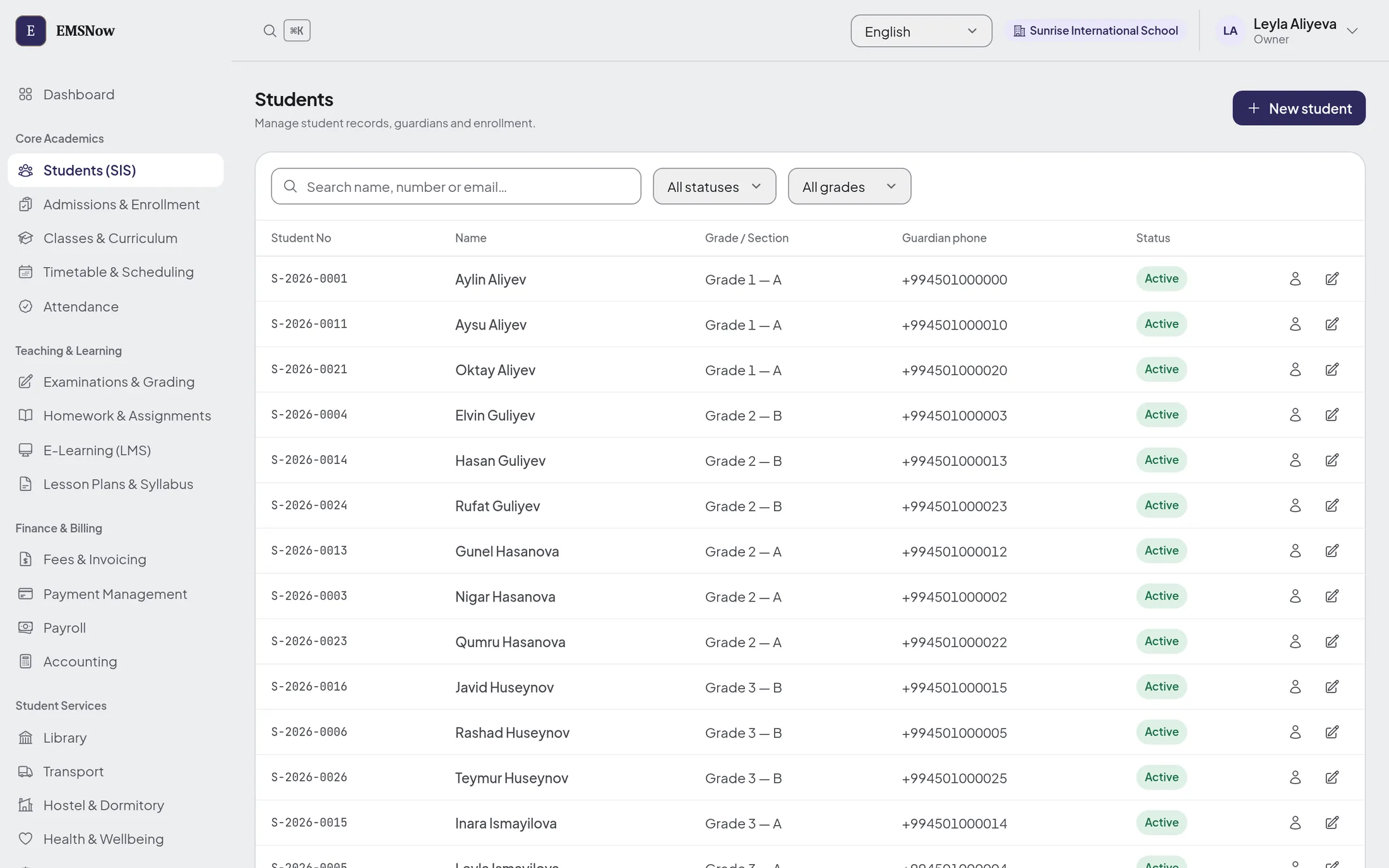 Student list showing student number, name, grade and section, guardian phone and active status.