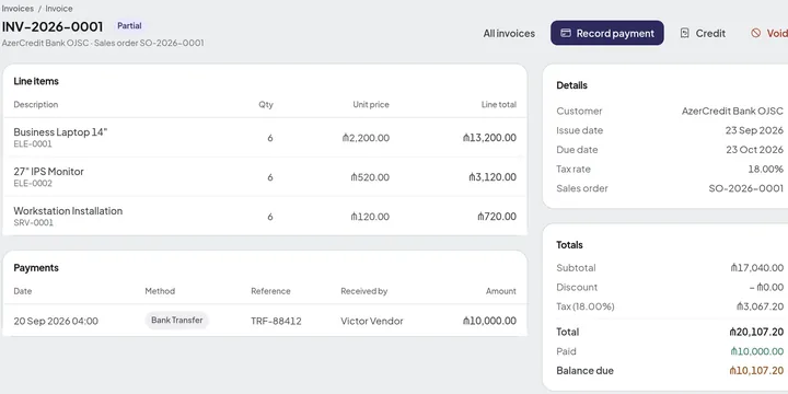 Invoice INV-2026-0001 marked Partial: its line items, a bank transfer recorded against it, and the paid amount and balance due worked out beside it.