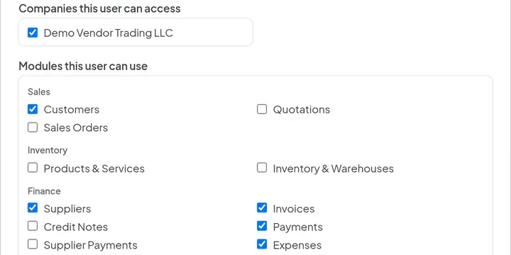 Edit-user form with checkboxes for which companies this person can access and which modules they can use, some granted and some left off.