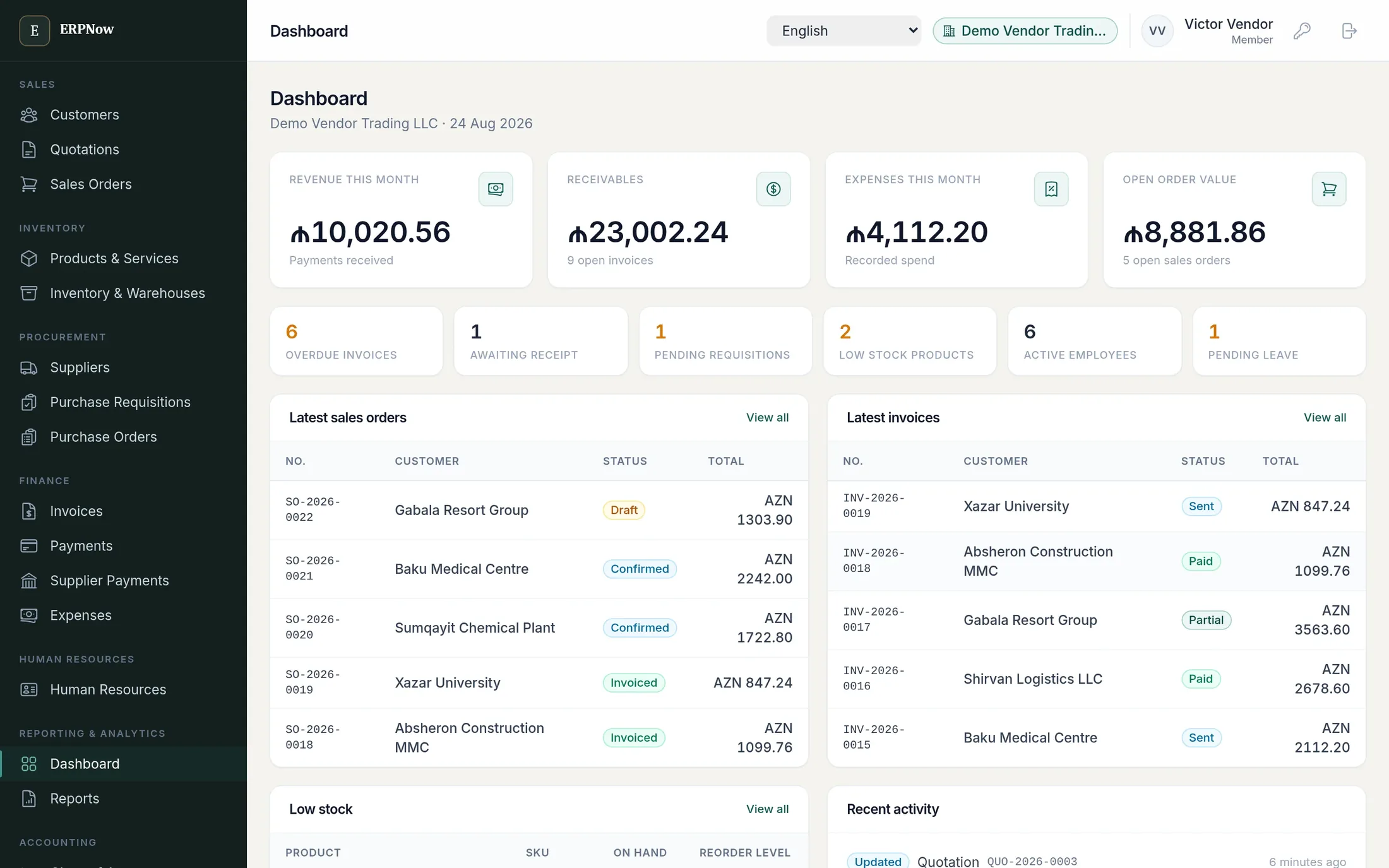 ERP dashboard with revenue, receivables, expenses and open order value tiles above the latest sales orders and invoices.