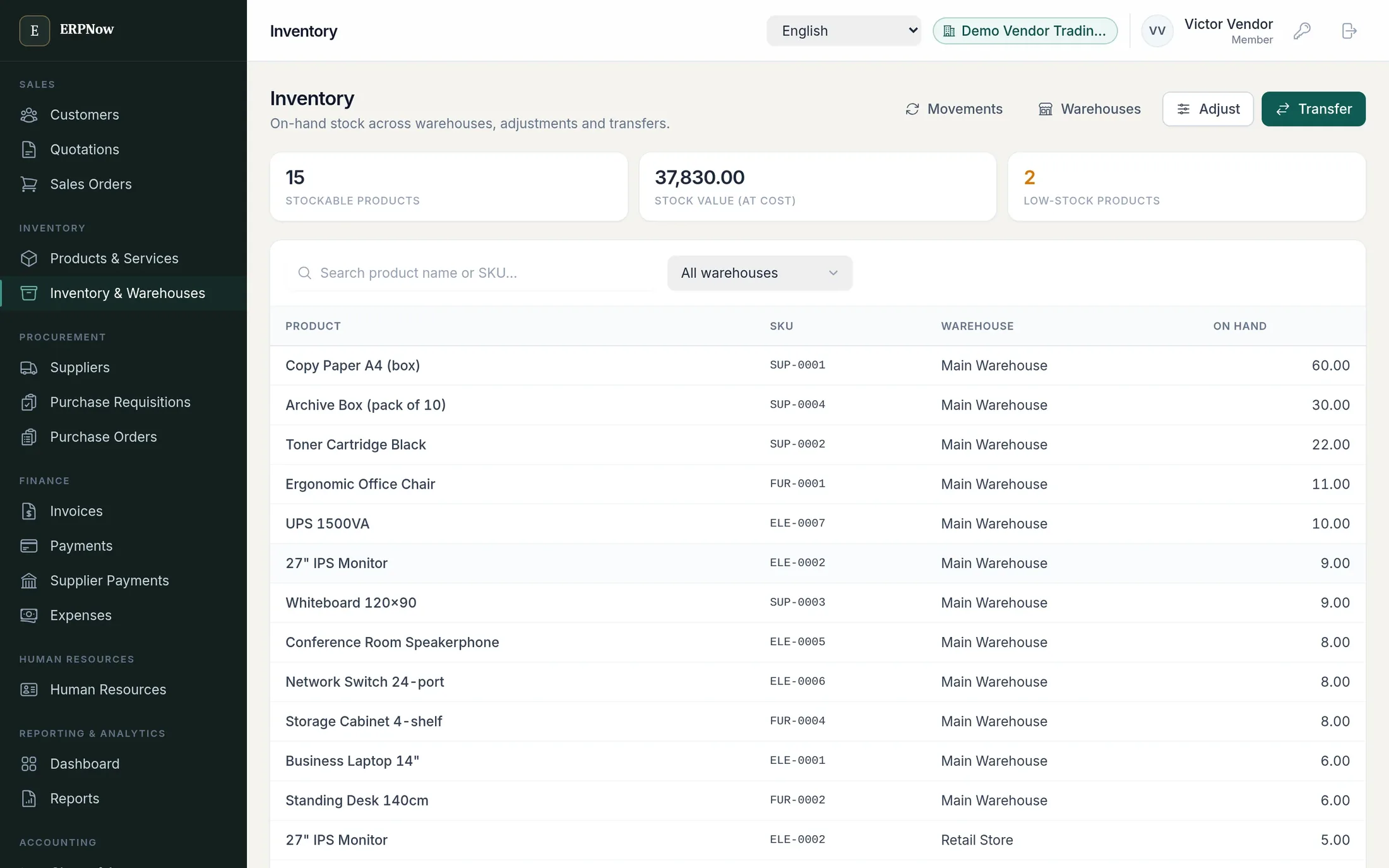Inventory list showing stockable product count, stock value at cost and low-stock count, with on-hand quantity per product and warehouse.