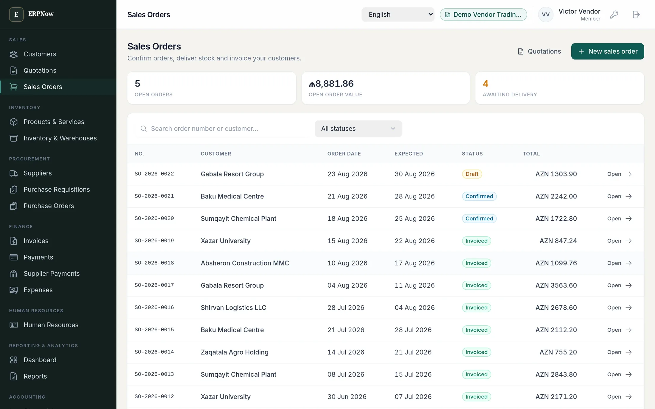 Sales order list with open order count and value, and rows showing customer, order date, expected date, status and total.