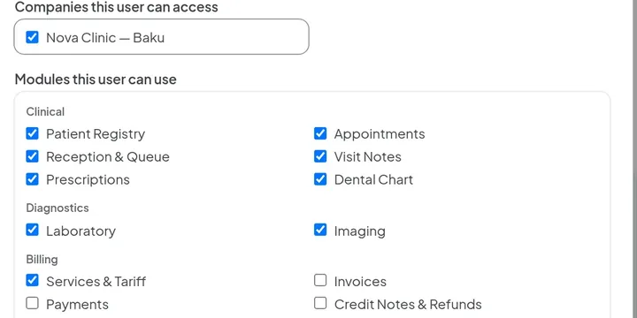 Edit-user form with checkboxes for which clinics this person can access and which modules they can use.