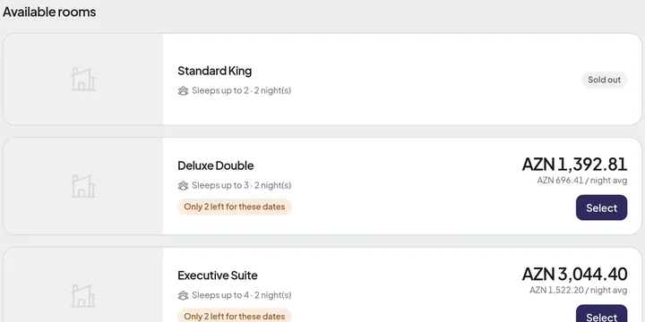 Search results on the booking page: each room type with its total price, nightly average and how many are left.