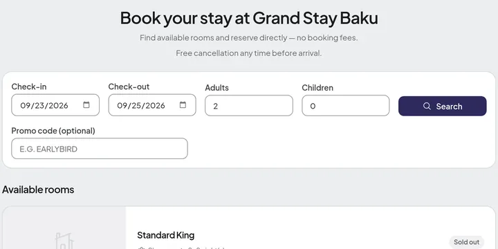 The hotel's own booking page: guests pick dates and party size and search live availability, with no booking fees.