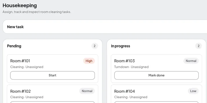 Housekeeping board with cleaning tasks in Pending and In progress columns, each with its room, priority and next action.