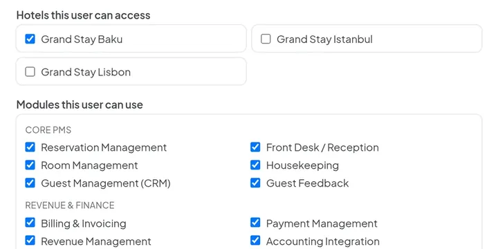 Edit-user form with checkboxes for which hotels this person can access and which modules they can use.