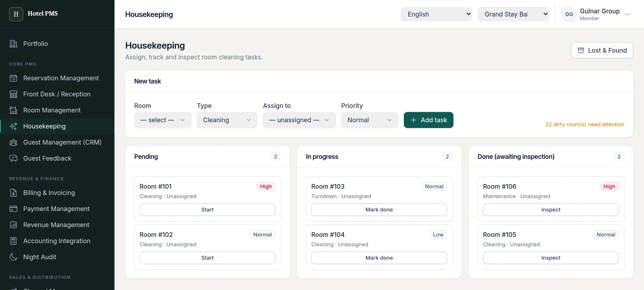Housekeeping board with pending, in-progress and awaiting-inspection task columns.