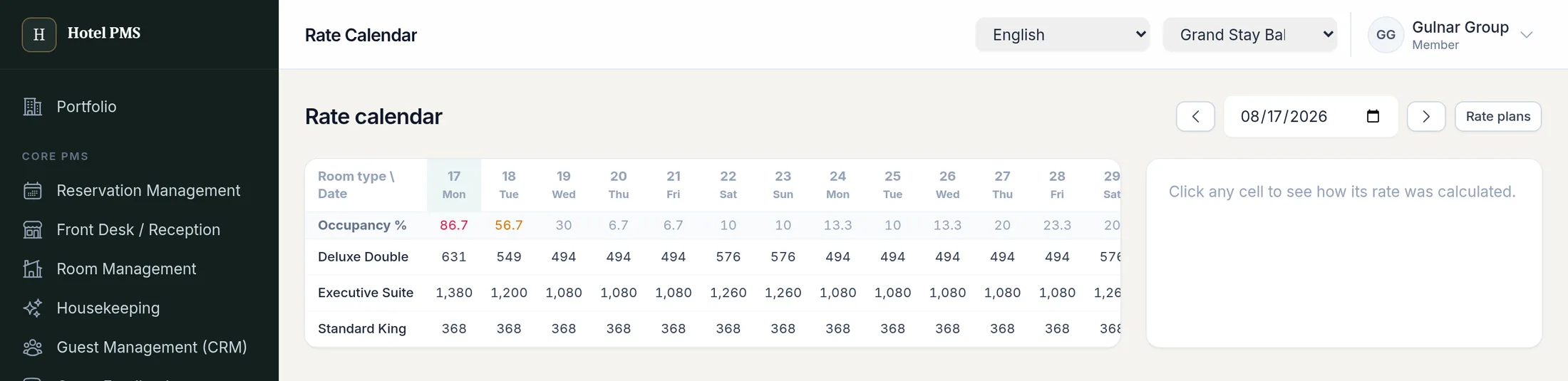 Rate calendar grid with occupancy percentage and nightly prices per room type across dates.