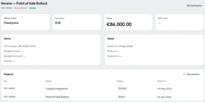 Contract record for a fixed-price engagement: billing model, currency, value and rate card, its PO number, budget, owner and dates, and the projects run under it.