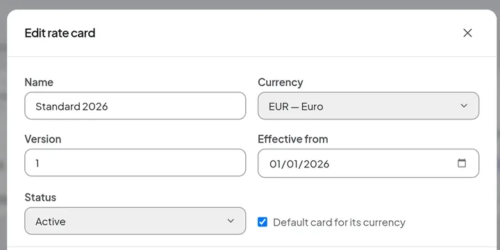 Edit-rate-card form: name, currency, version number, the date the card takes effect, its status, and whether it is the default card for that currency.