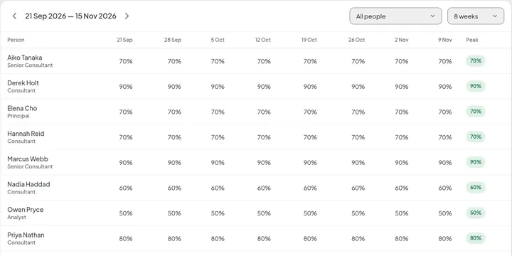 Resource planner: each person and job role down the side, eight weeks across, their planned allocation per week and their peak.
