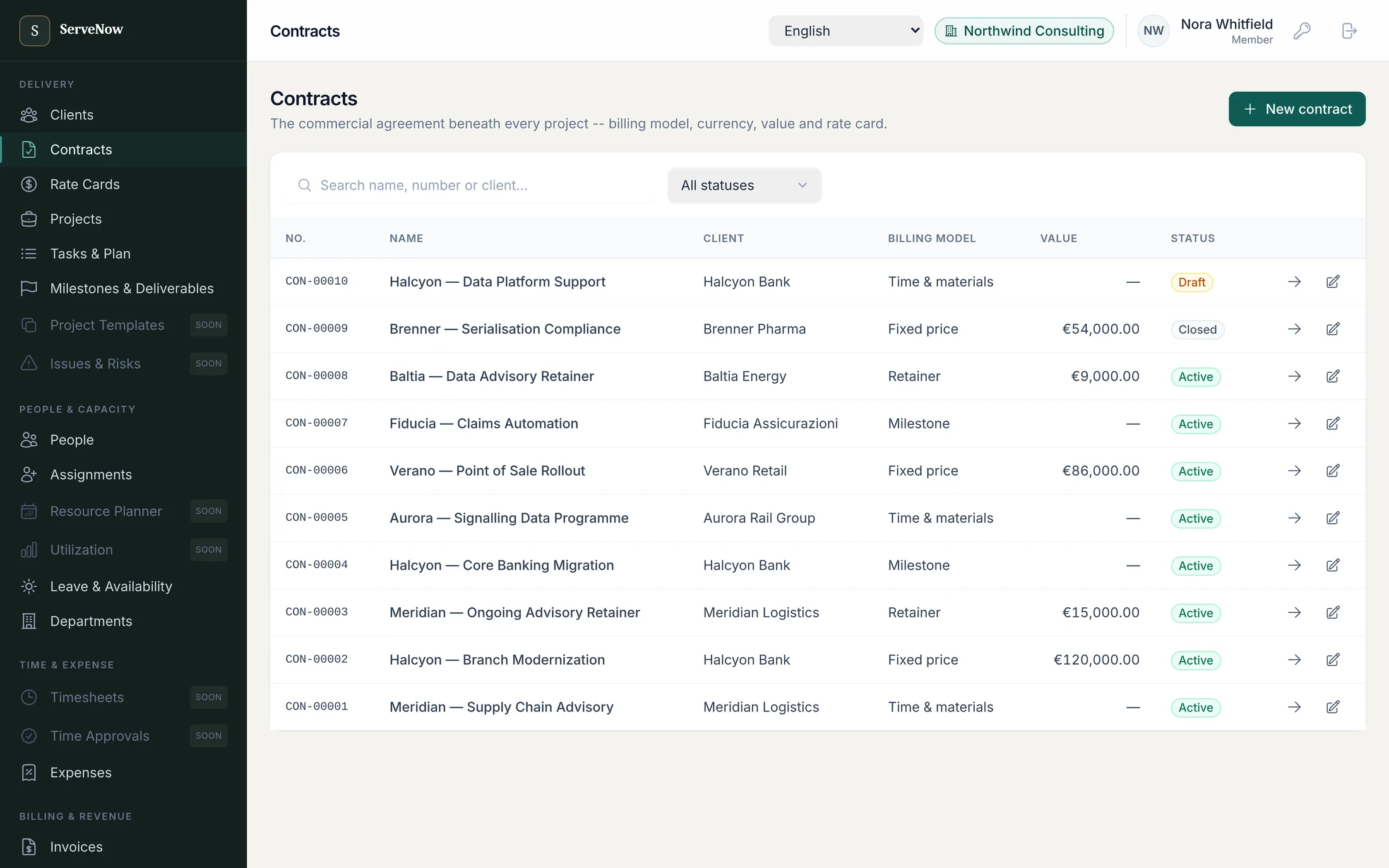 Contract list showing contract number, name, client, billing model, value in euro and a status badge reading Draft, Active or Closed.