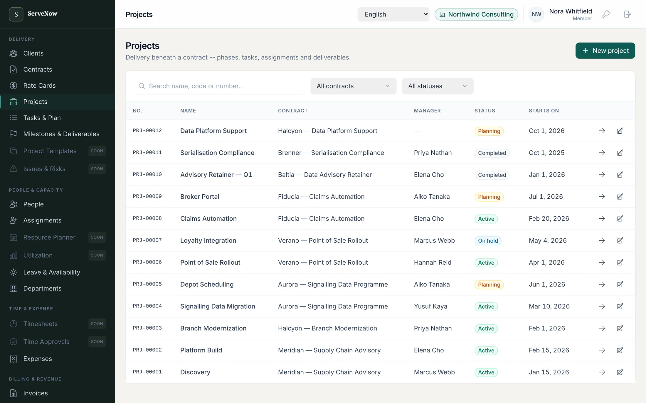 Project list showing project number, name, the contract each project sits under, its manager, status badge and start date, with filters for contract and status above.