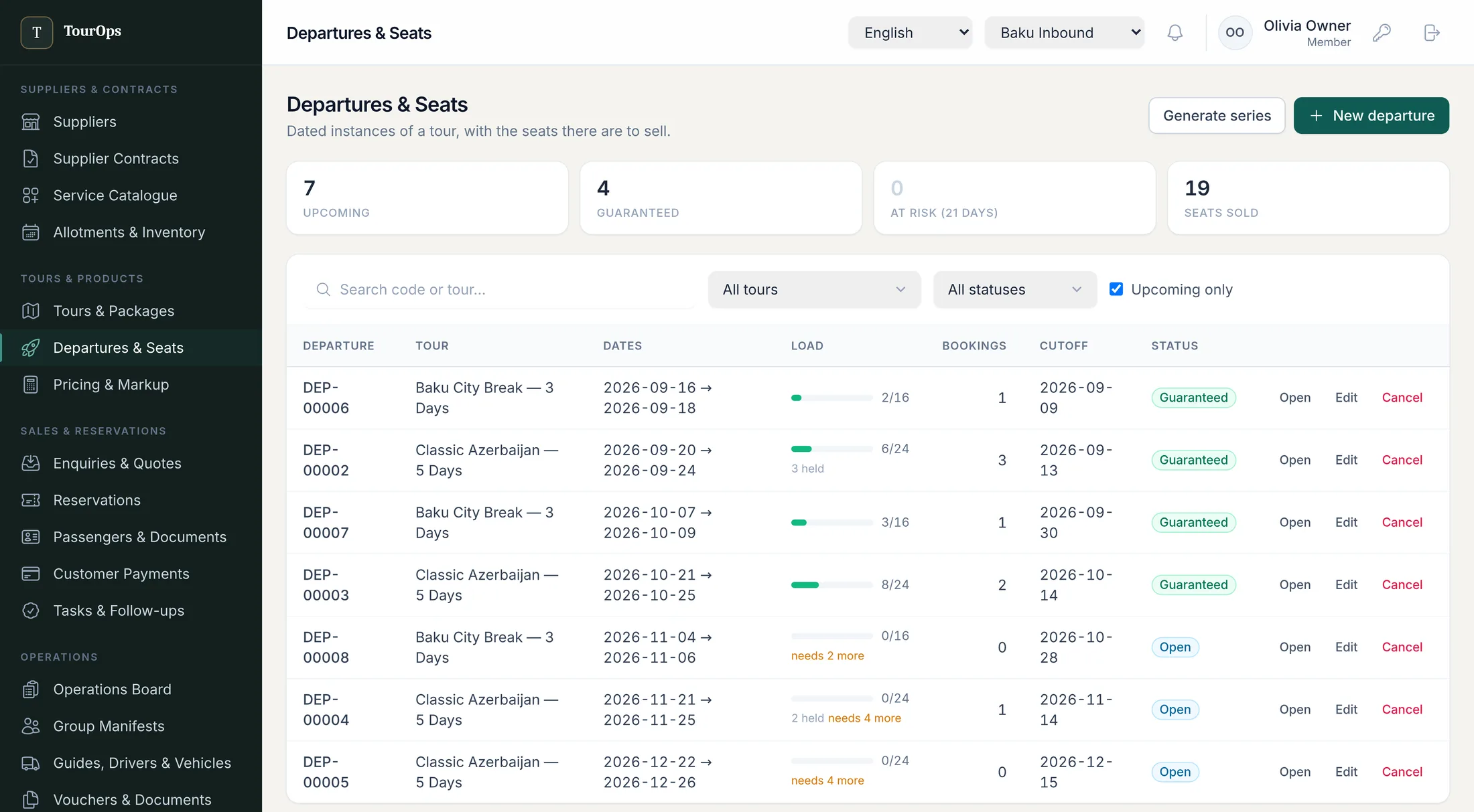 Departure list showing each dated tour instance with its seat load, bookings, cut-off date and guaranteed or open status.