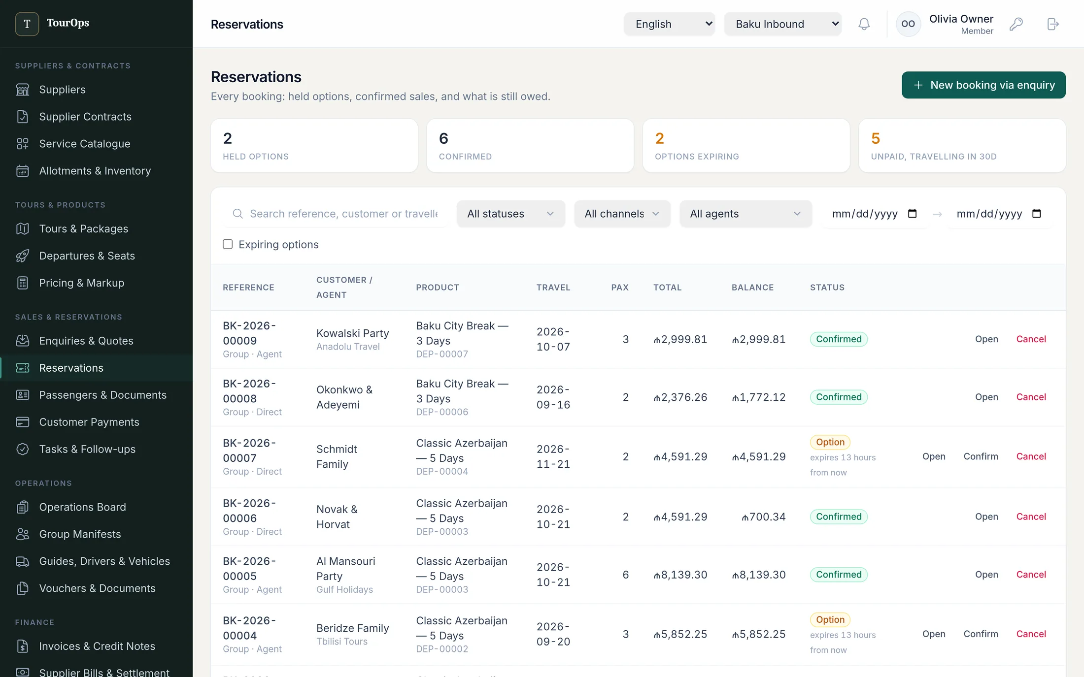Reservation list showing booking reference, customer or agent, product, travel dates, passenger count, total, balance and confirmed or option status.